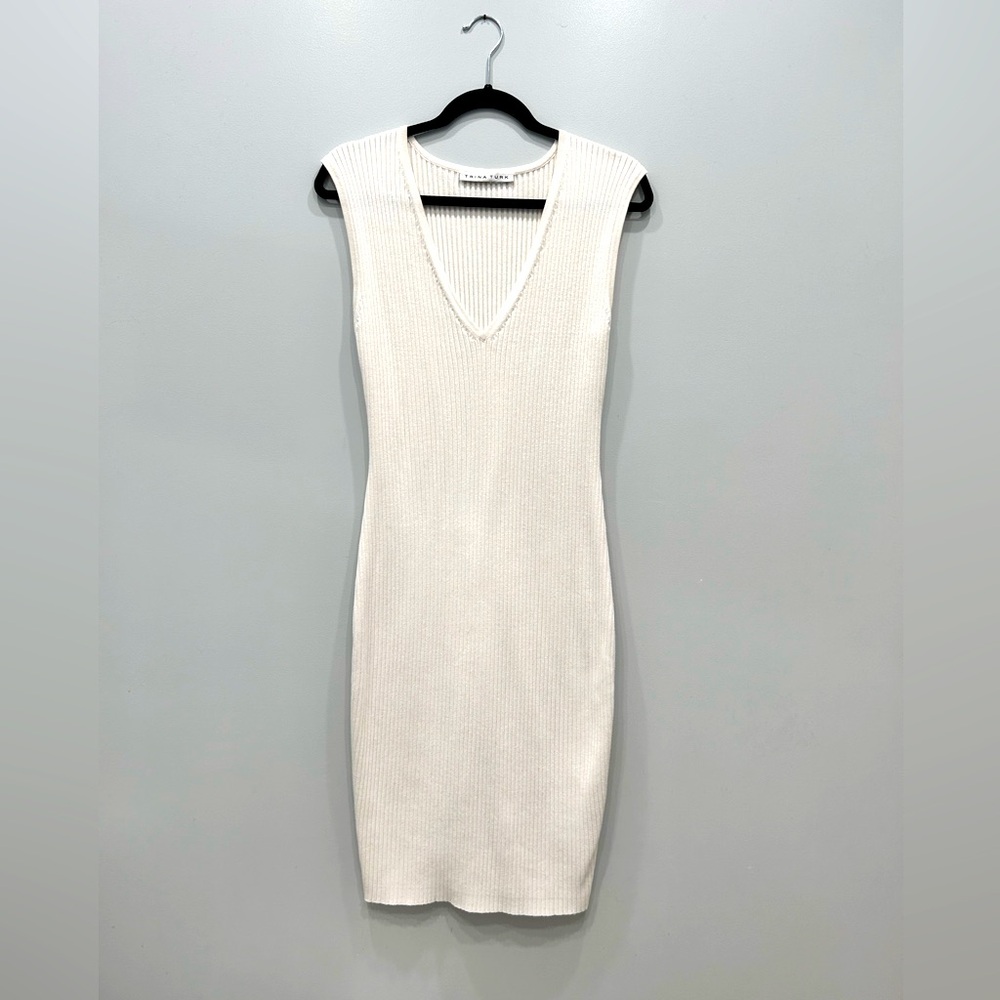 Trina Turk White Ribbed Knit V-Neck Midi Dress